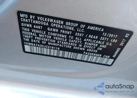 2018 Volkswagen Passat 2.0T Se из США, поврежденный, VIN 1VWBA7A32JC018116